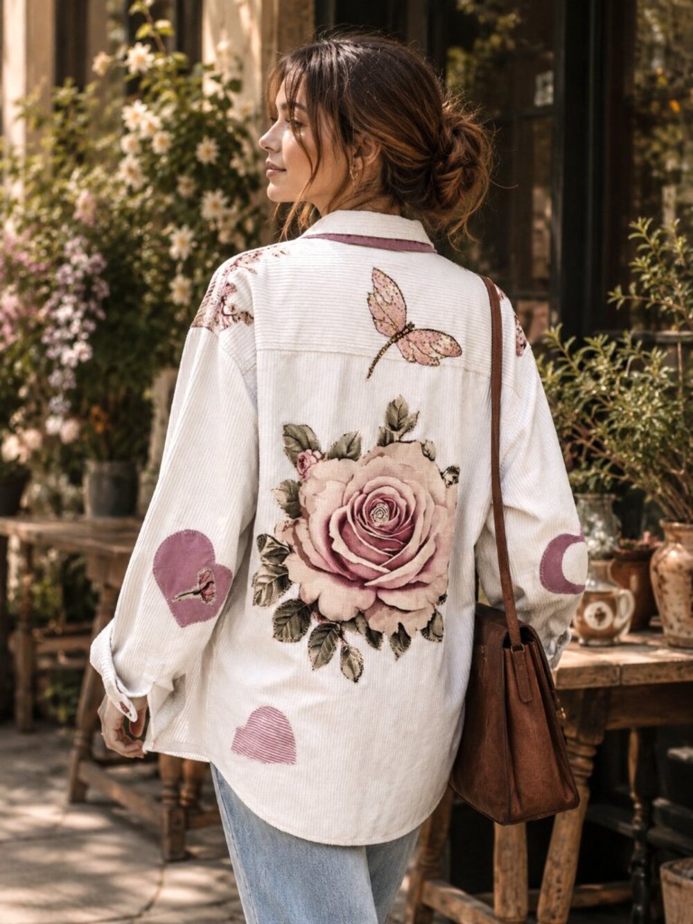 ENSY Upcycled Corduroy Shacket Jacket Roses Butterflies Wearable Art L